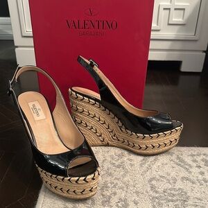 Valentino Garavani Black and Tan Wedge Espadrilles